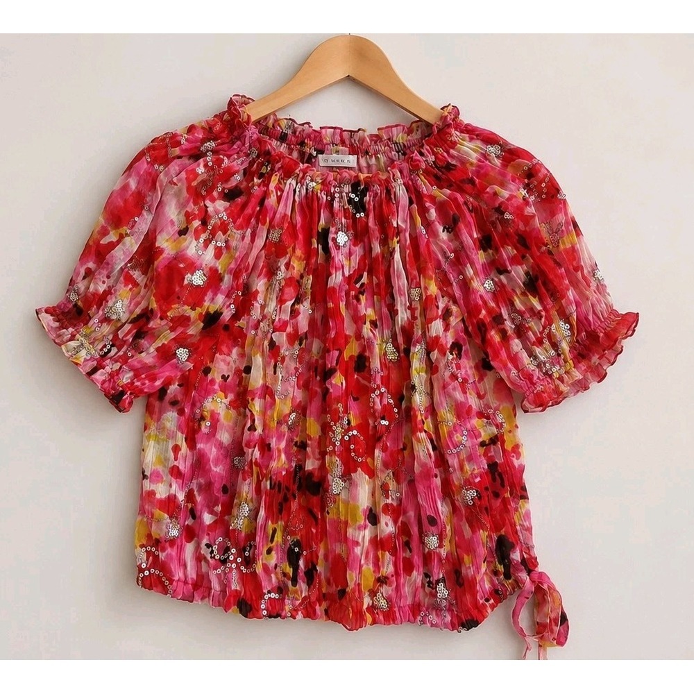 Vintage Y2K Peter Nygard Womens 12 Sequin Blouson Top Pink Sheer Flowy Party